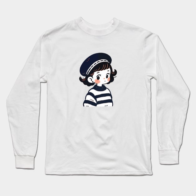 Cute French girl in striped shirt Long Sleeve T-Shirt by Mon Kawaii Lab